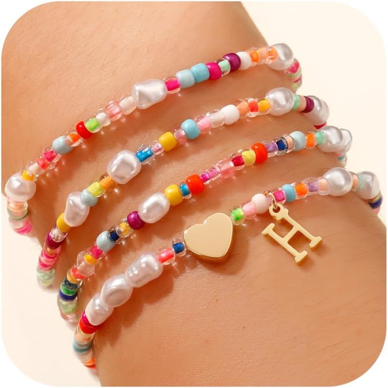 JIAOGE Valentines Day Gifts for Kids Her - 4PCS Gold Stretchable Boho Colorful Beaded Pearl Heart Initial Bracelets for Women Teen Girl Gifts Trendy Stuff Cute Stackable Kids Jewelry Birthday Gifts - Image 1